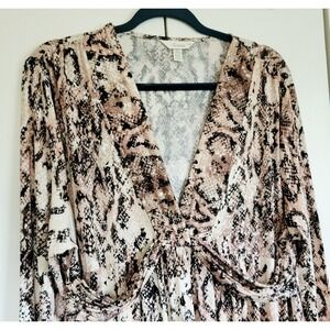 Soma XL Snakeskin Print Midi Dress‎ Long Sleeve V Neck Ruched XLarge NEW